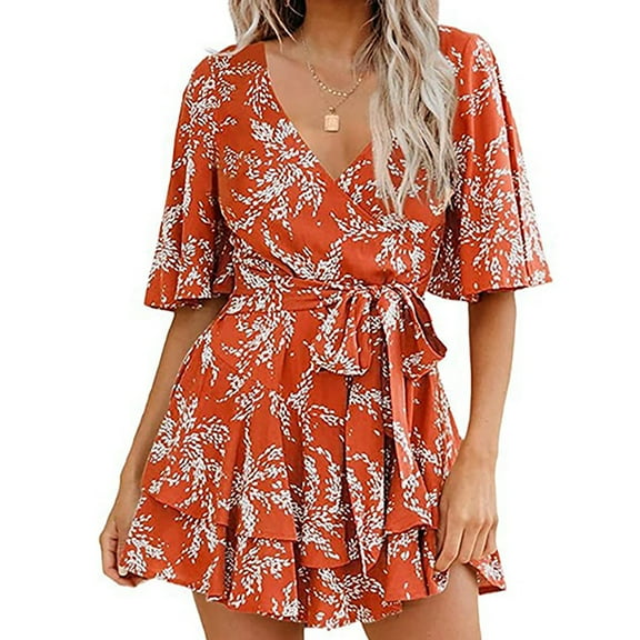 Njagoc3 Womens Floral Print V-Neck Short Romper - Trendy Casual Jumpsuit for Summer