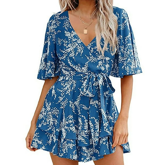 Njagoc3 Womens Floral Print V-Neck Short Romper - Trendy Casual Jumpsuit for Summer
