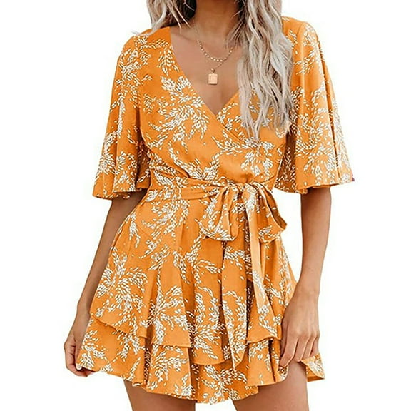 Njagoc3 Womens Floral Print V-Neck Short Romper - Trendy Casual Jumpsuit for Summer