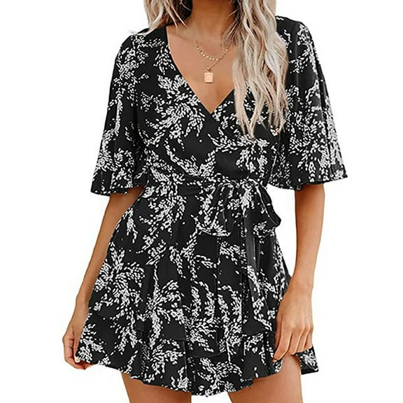 Njagoc3 Womens Floral Print V-Neck Short Romper - Trendy Casual Jumpsuit for Summer