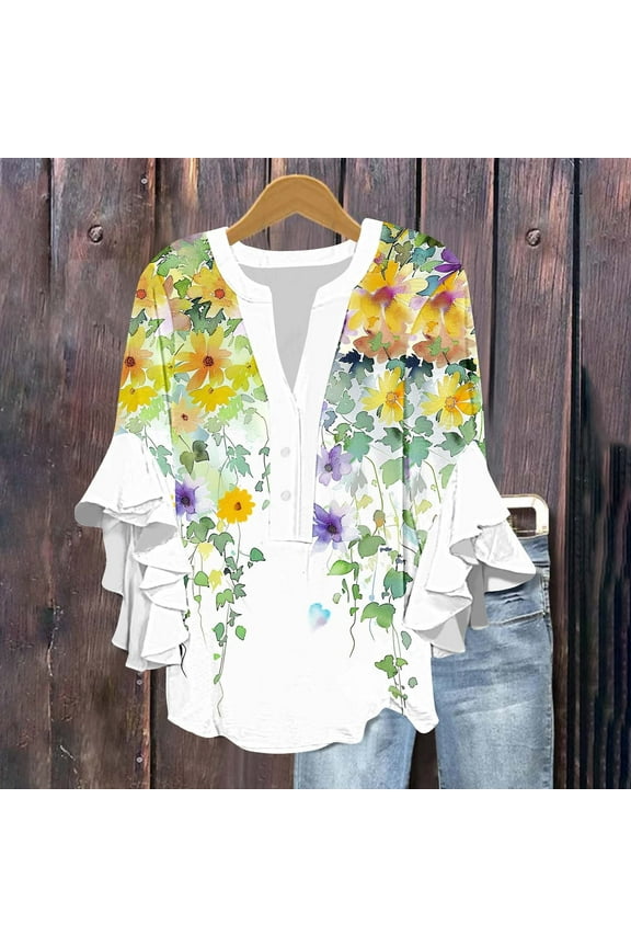 Womens Floral Wrap Blouse - Summer Adjustable Tie-Front Top with Olive/Blush Print | Soft Rayon Fabric, Flutter Sleeves | Effortless Chic for Brunch/Garden Parties