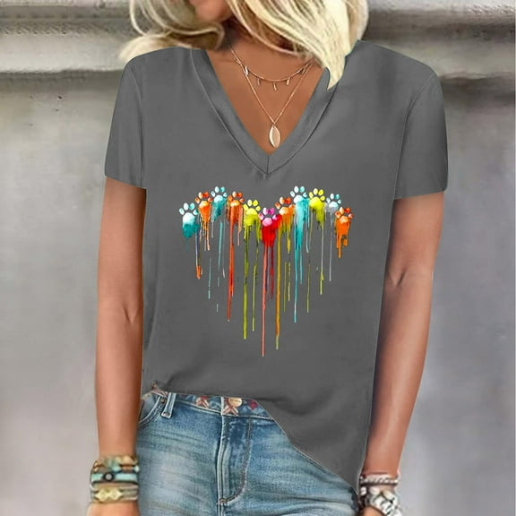 Njagoc3 Womens Glitter Heart Print V-Neck Tee Sparkly Love Short Sleeve Party T-Shirt