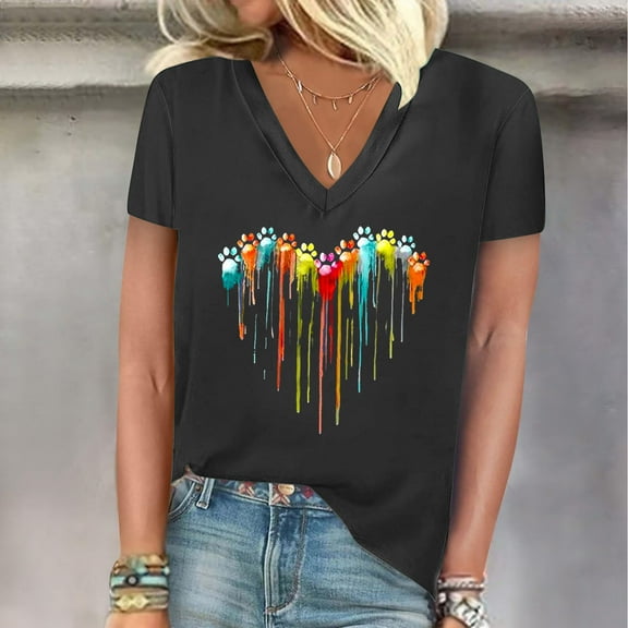 Njagoc3 Womens Glitter Heart Print V-Neck Tee Sparkly Love Short Sleeve Party T-Shirt