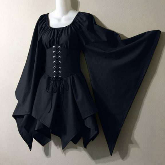 Njagoc3 Womens Gothic Long Sleeve Mini Dress, Ruffle & Contrast Trim, Solid Color, Halloween & Punk Style Outfit, Fitted Look