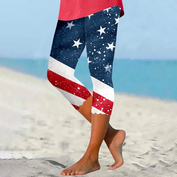 Njagoc3 Womens Gradient American Flag Beach Capris, Loose Fit, Breathable Fabric, Casual Summer Beach & Road Trip Wear