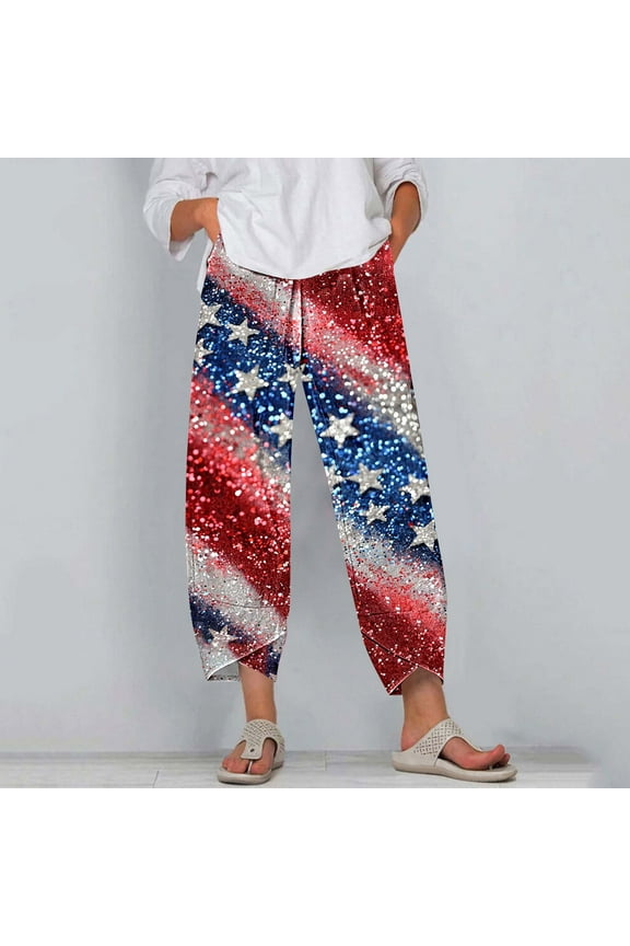 Womens Gradient American Flag Harem Pants, Loose Fit, Lightweight Fabric, Casual Summer Beach & Festival Wear