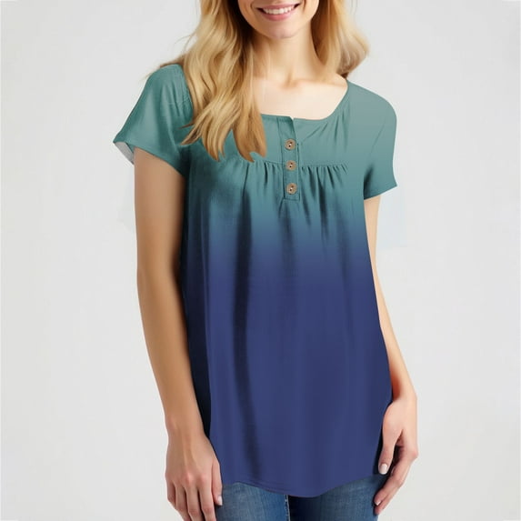 Njagoc3 Womens Gradient Button Short Sleeve Top - Summer Casual, Relaxed Fit, Colorful Transitions, Lightweight Weave, Versatile Wear
