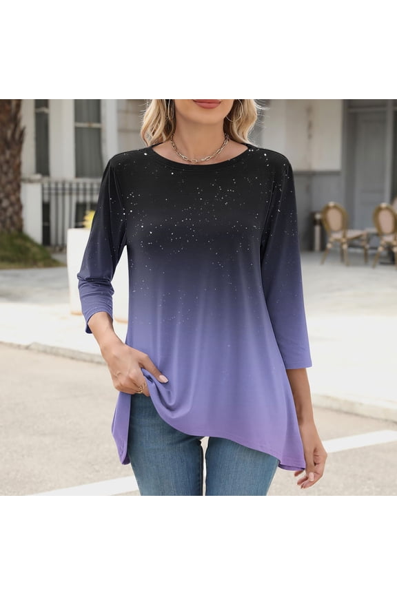 Womens Gradient Color Asymmetric Hem Top, Stretchy Polyester Blend, 3/4 Sleeves, Summer Music Festivals, Casual Hangouts & Beach Days