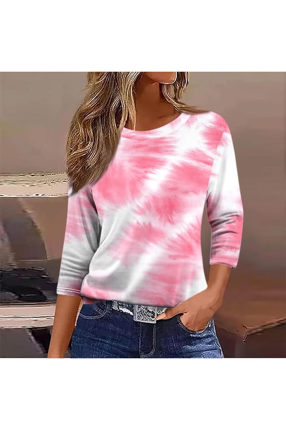 Womens Gradient Tie-Dye Crew-Neck Top, Stretchy Rayon Blend, 3/4 Sleeves, Summer Music Festivals, Casual Hangouts & Beach Days