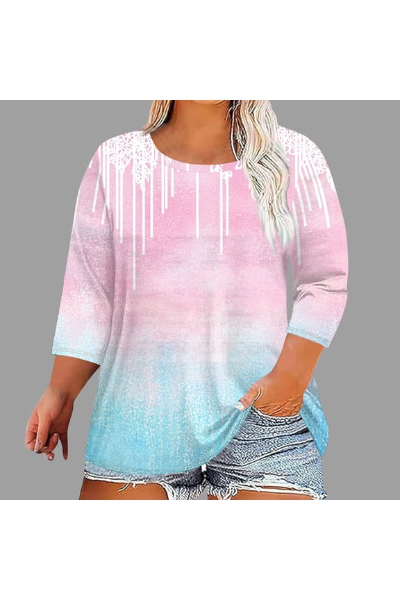 Womens Gradient Tie-Dye Print Top, Stretchy Rayon Blend, 3/4 Sleeves, Summer Artistic Outings, Casual Gatherings & Beach Days