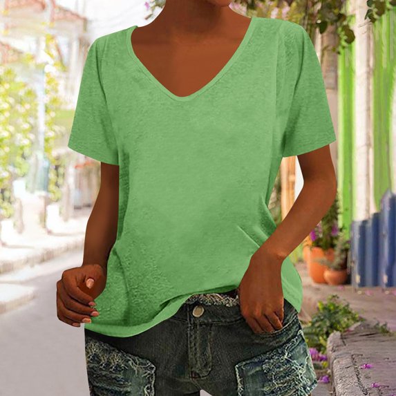Njagoc3 Womens Green V-Neck Short Sleeve T-Shirt - Fitted, Multi-Color, Everyday