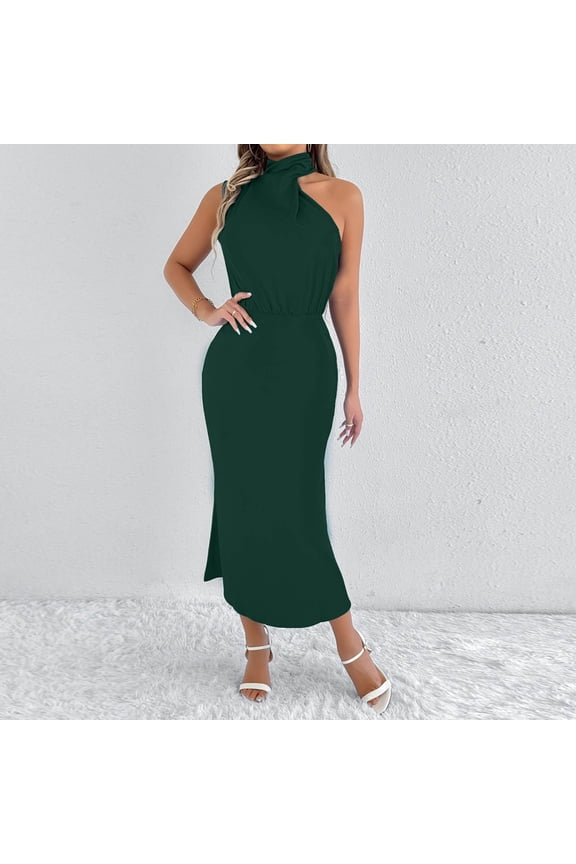 Womens Halter Neck Bodycon Side-Slit Maxi Dress for Edgy Night Out & Parties
