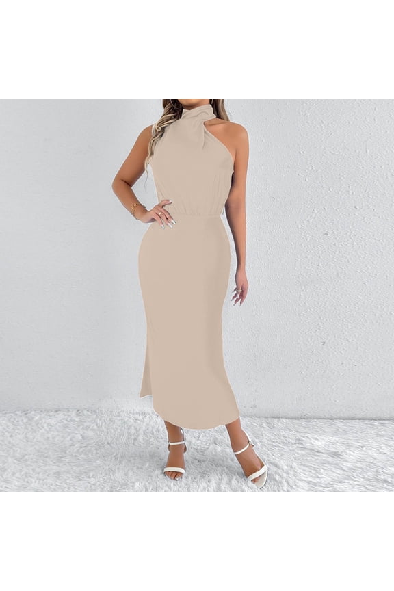 Womens Halter Neck Bodycon Side-Slit Maxi Dress for Edgy Night Out & Parties