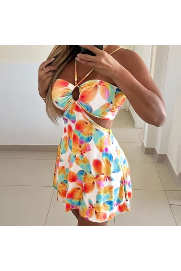 Womens Halter - Neck Cut - Out Mini Dress, Colorful Print for Summer Club & Night Out