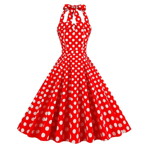 Njagoc3 Womens Halter Short Sleeve Polka Dot Dress, Fit & Flare, Summer Picnic & Retro Event Wear, Playful Fit