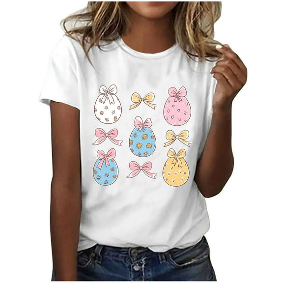 Njagoc3 Womens Hand-Drawn Easter Egg Watercolor Print Crewneck Tee - Artistic Spring Casual Shirt