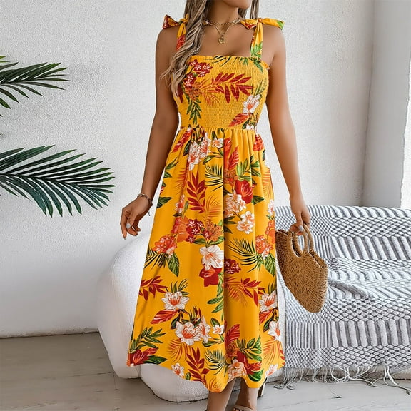 Njagoc3 Womens Hawaiian Print Off-The-Shoulder Spaghetti Straps Tie-Waist Dress 2025