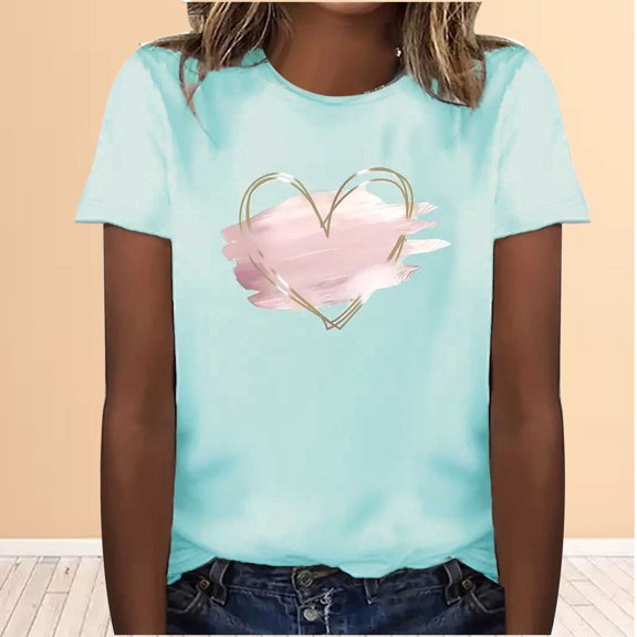 Njagoc3 Womens Heart Print Top, Short Sleeve, Slim Fit, Trendy Spring & Summer Top