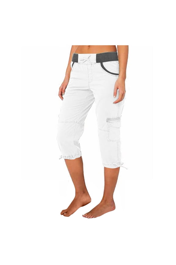 Womens High Waist Drawstring Cargo Pants - A-Line Loose Wide Leg 7/8 Length with Adjustable Cuffs