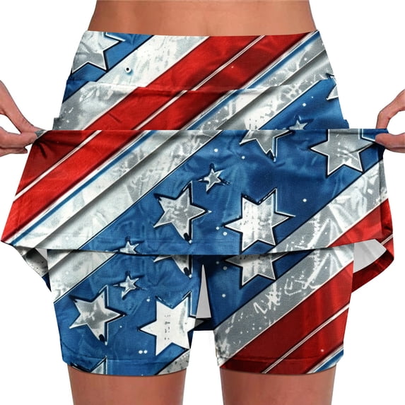 Njagoc3 Womens High - Waisted American Flag Striped Print Skort - Trendy Patriotic for Summer Outdoor Events