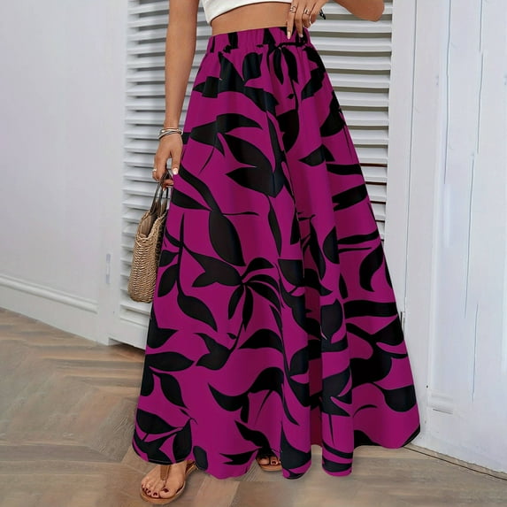 Njagoc3 Womens High-Waisted Blue Leaf Print Flared Maxi Skirt with Bold Patterns for Summer Garden Parties & Vacation Looks