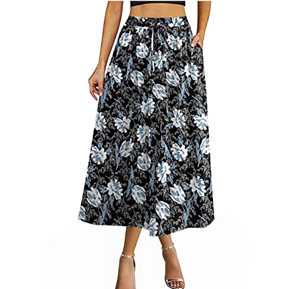 Njagoc3 Womens High-Waisted Bold Floral Print Midi Skirt with Flowy Silhouette for Summer Casual Vacations & Garden Parties