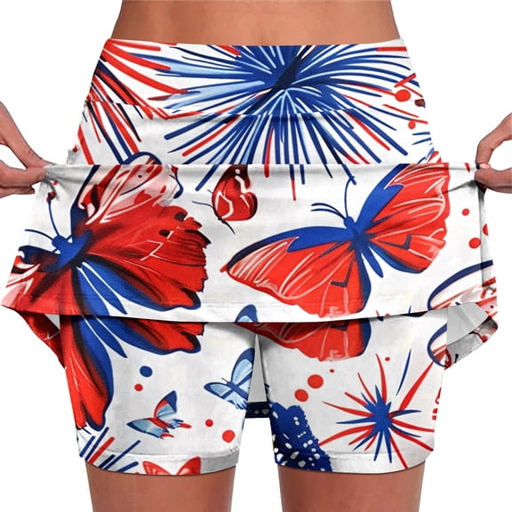Njagoc3 Womens High - Waisted Drawstring Firework & Butterfly Flag Print Skort - Festive for Fourth of July