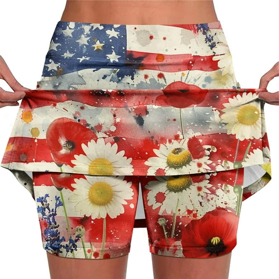 Njagoc3 Womens High - Waisted Drawstring Flag & Daisy Print Skort - Cute for Summer Picnics