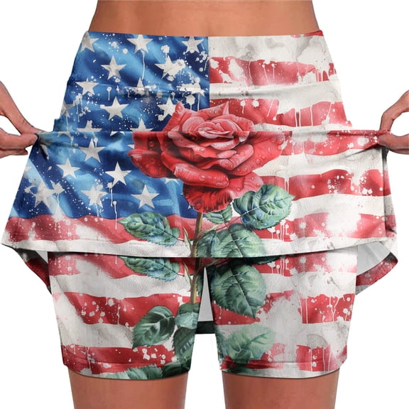 Njagoc3 Womens High - Waisted Drawstring Flag & Rose Print Skort - Romantic for Summer Dates