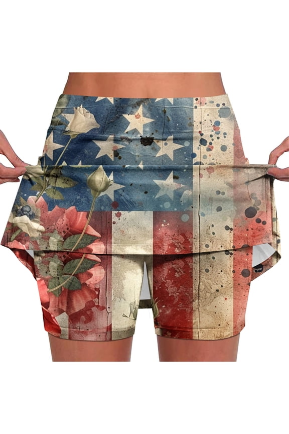 Womens High - Waisted Drawstring Vintage Flag & Floral Print Skort - Retro for Summer Holidays