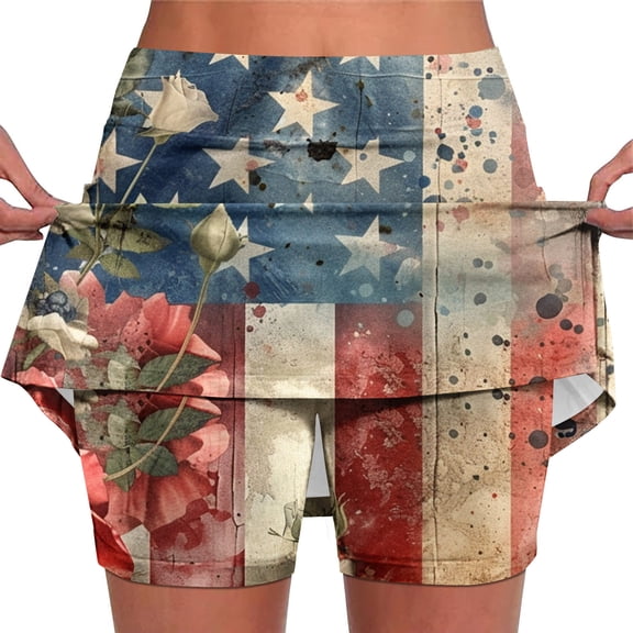 Njagoc3 Womens High - Waisted Drawstring Vintage Flag & Floral Print Skort - Retro for Summer Holidays