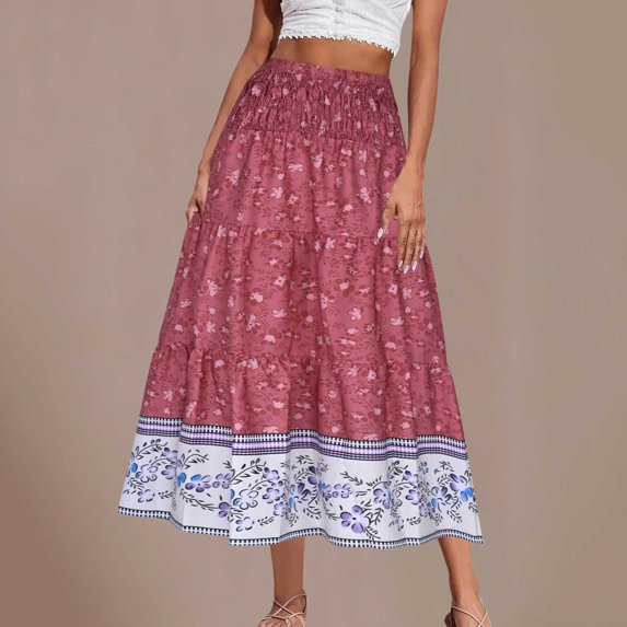 Njagoc3 Womens High - Waisted Ethnic - Print Flowy Maxi Skirt - Festive for Summer Gatherings