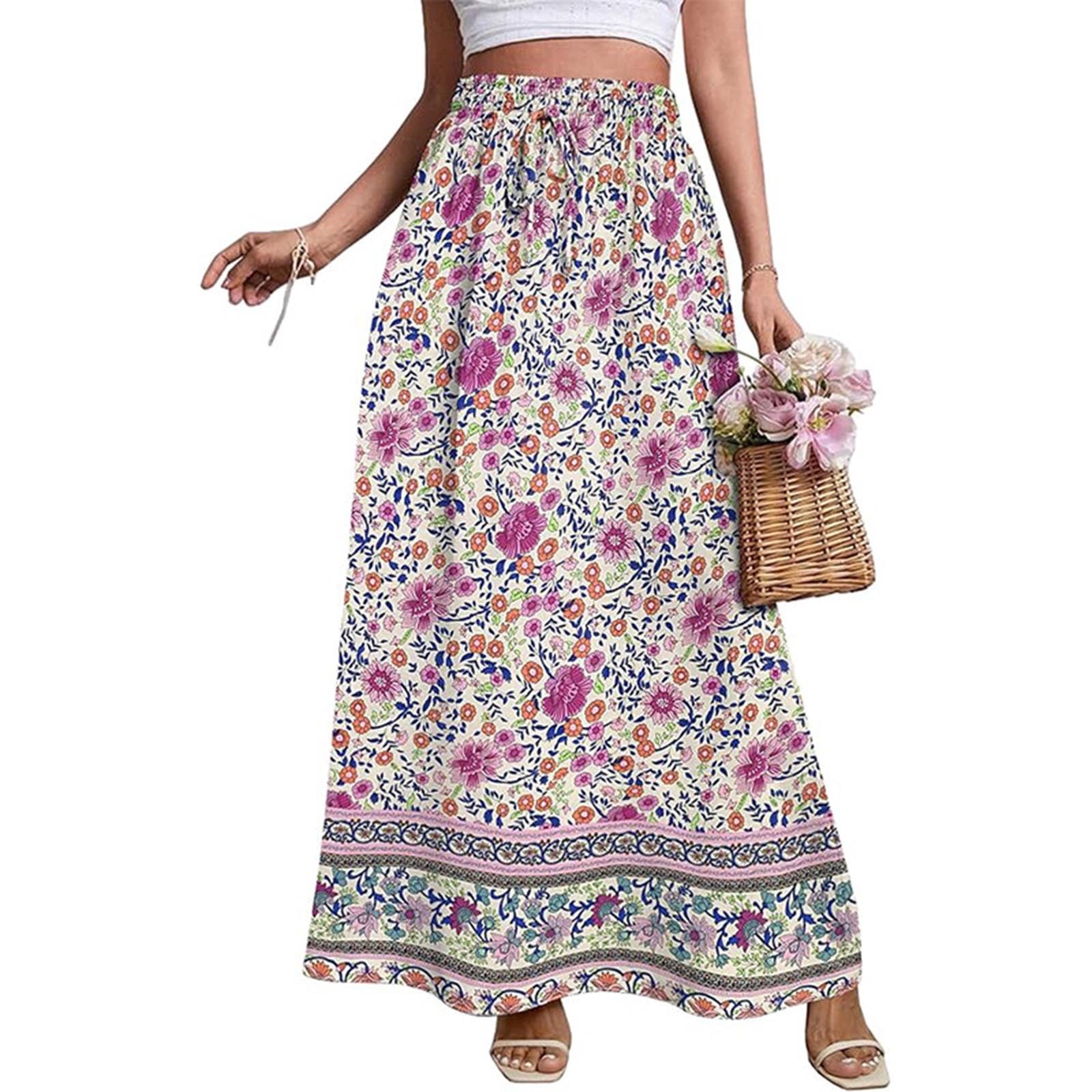 Esmerelda Pink Floral Print Boho Low-Rise Tiered Maxi Skirt