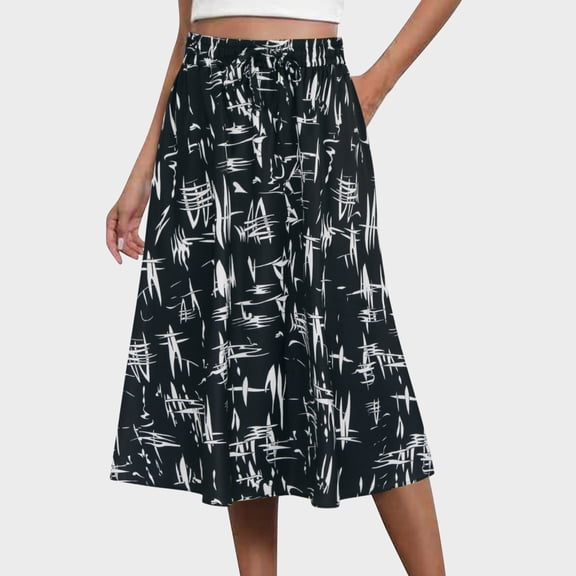 Njagoc3 Womens High-Waisted Graphic Print Midi Skirt for Daily Casual & Office Looks