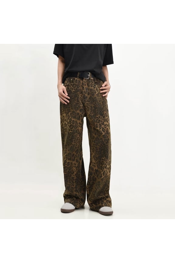 Womens High Waisted Leopard Print Wide Leg Jeans - Spring Fall Trendy Straight Leg Fit Versatile Denim Pants for Everyday Fashion