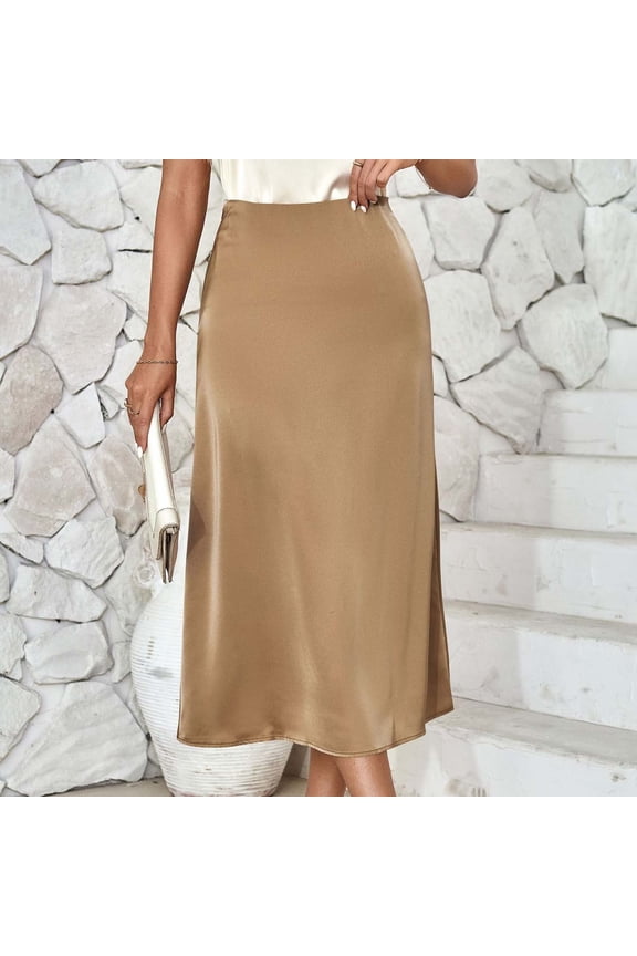Womens High - Waisted Satin Drapey Midi Skirt for Office & Evening Occasions