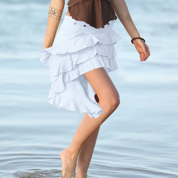 Njagoc3 Womens High-Waisted Solid Color Ruffled Asymmetric Mini Skirt for Beach & Vacation