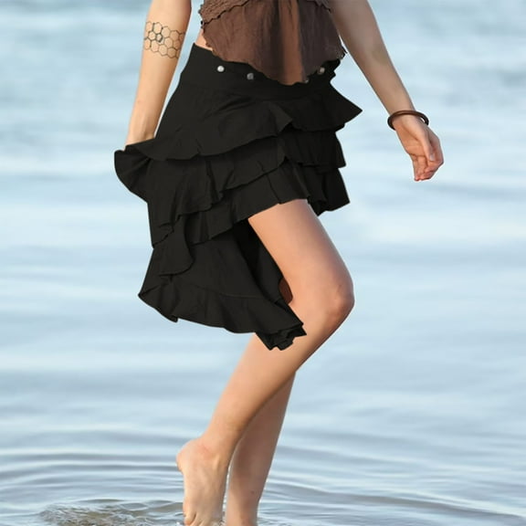 Njagoc3 Womens High-Waisted Solid Color Ruffled Asymmetric Mini Skirt for Beach & Vacation