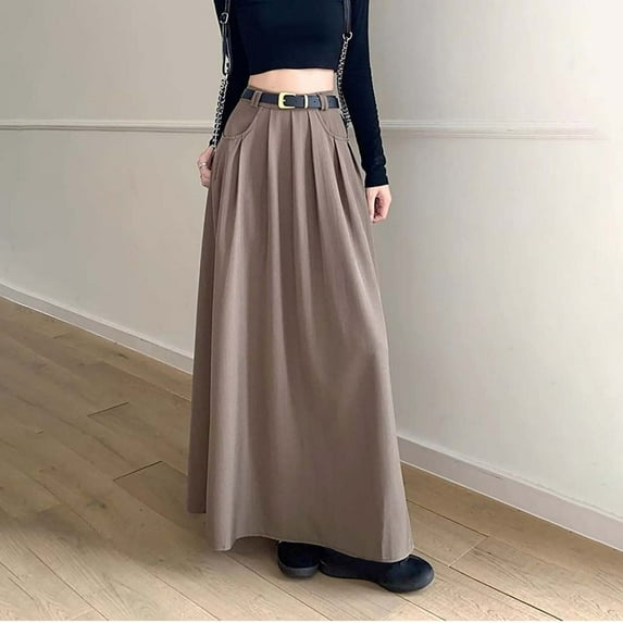 Njagoc3 Womens High - Waisted Suede Maxi Skirt, Solid Color, Retro for Summer Vintage Gatherings & Casual Outings
