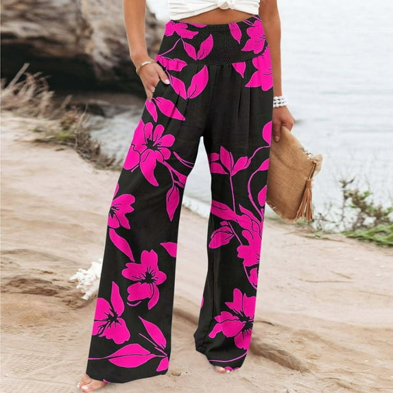 Njagoc3 Womens High-Waisted Wide-Leg Trousers - Boho Print Pants for Versatile Summer Styling