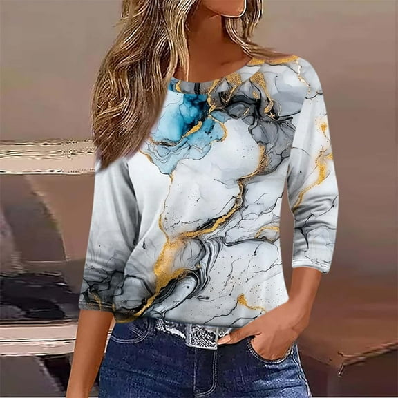 Njagoc3 Womens Ink Wash Print Crew-Neck Top, Soft Rayon Blend, 3/4 Sleeves, Summer Cultural Trips, Casual Outings & Beach Days