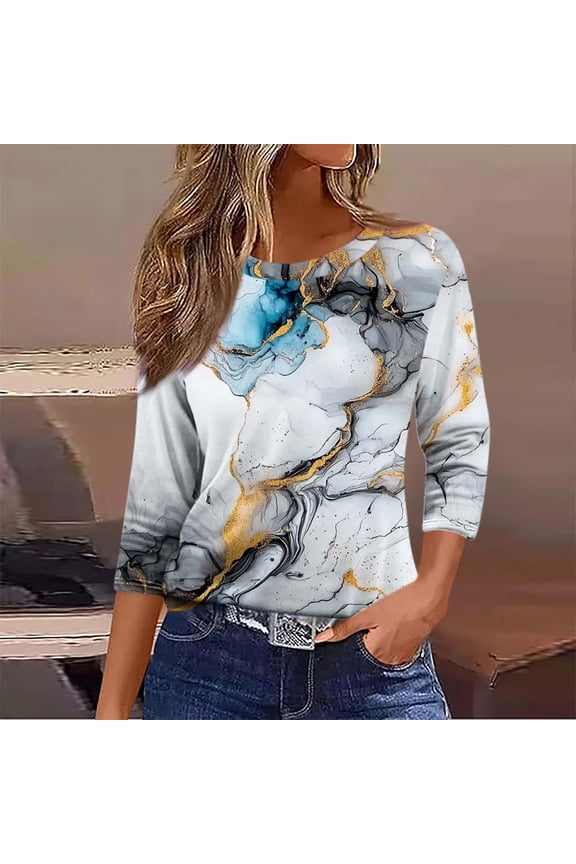 Womens Ink Wash Print Crew-Neck Top, Soft Rayon Blend, 3/4 Sleeves, Summer Cultural Trips, Casual Outings & Beach Days