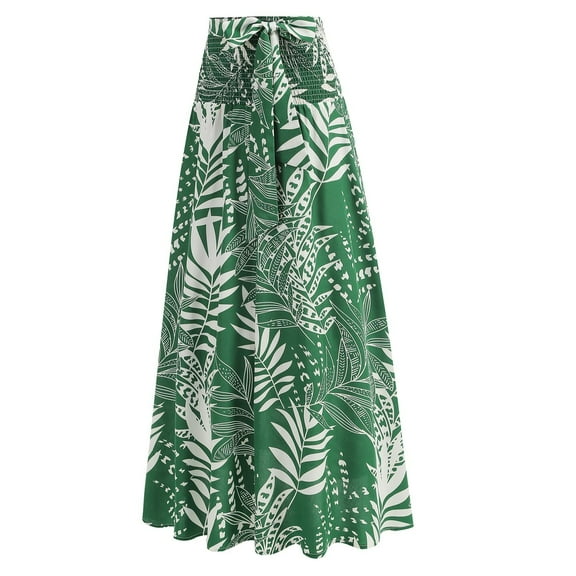 Njagoc3 Womens Leaf Print High - Waisted Flowy Maxi Skirt for Summer Leisure Bohemian Style
