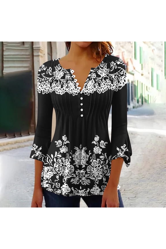 Womens Leaf Print V-Neck Flare Sleeve Top, Soft Cotton Blend, 3/4 Sleeves, Summer Outdoor Events, Casual Errands & Fall Gatherings