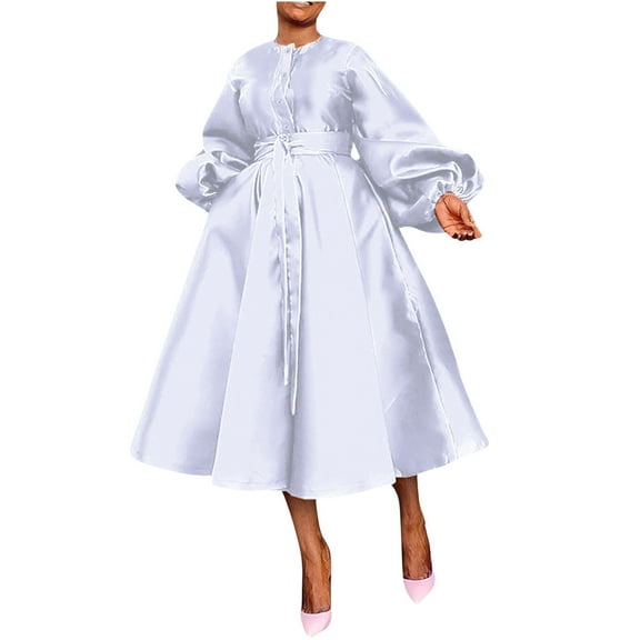 Njagoc3 Womens Long Sleeve Balloon Gown, Crew Neck, Solid Color, Formal Event & Wedding Wear, Voluminous Fit