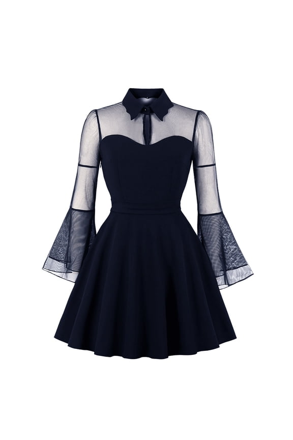 Womens Long Sleeve Contrast Collar Skater Dress, Solid Color, Gothic & Casual Wear, Edgy Design