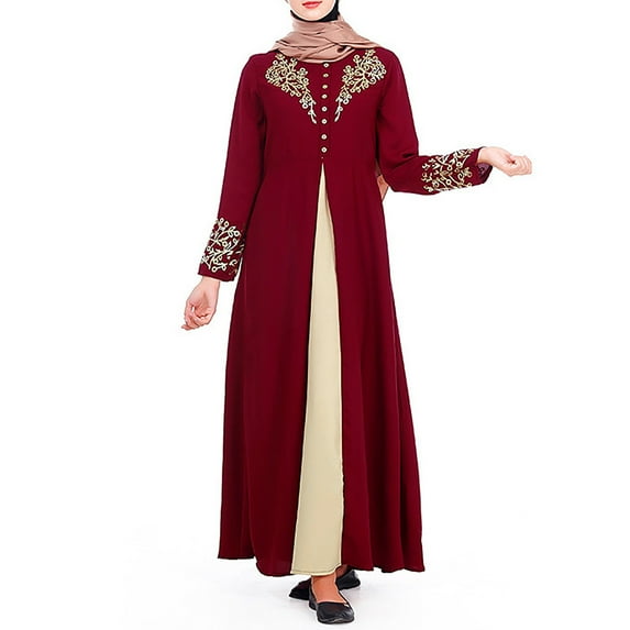 Njagoc3 Womens Long Sleeve Embroidered Abaya Dress, Modest Knee - Length Formal Outfit, Loose Fit, for Daily & Religious Use