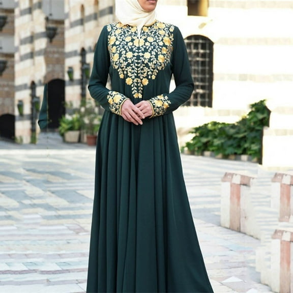 Njagoc3 Womens Long Sleeve Embroidered Court Gown, Floor - Length Formal Outfit, Intricate Details, Solid Color Styles, for Cultural Events