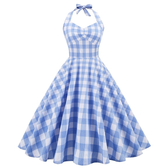 Njagoc3 Womens Long Sleeve Halter Gingham Dress, Fit & Flare, Summer Party & Retro Event Wear, Feminine Fit