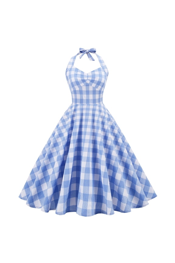 Womens Long Sleeve Halter Gingham Dress, Fit & Flare, Summer Party & Retro Event Wear, Feminine Fit